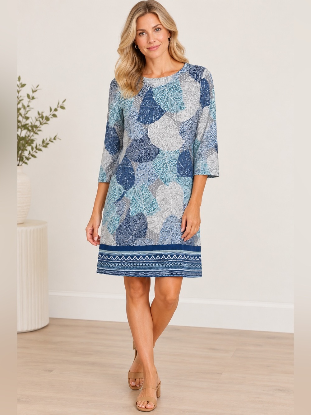 Jean-Pierre Klifa Leaf-Print Blue & Gray Midi Shift Dress Size Medium